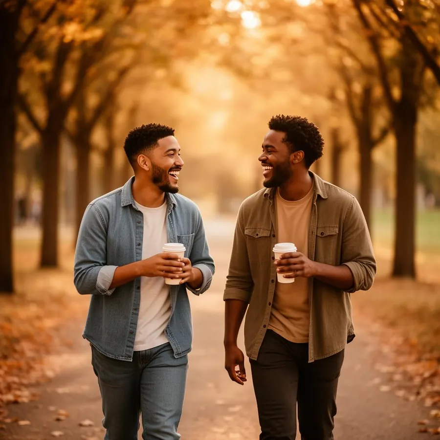 LGBTQ+ couple walking and talking over coffee
